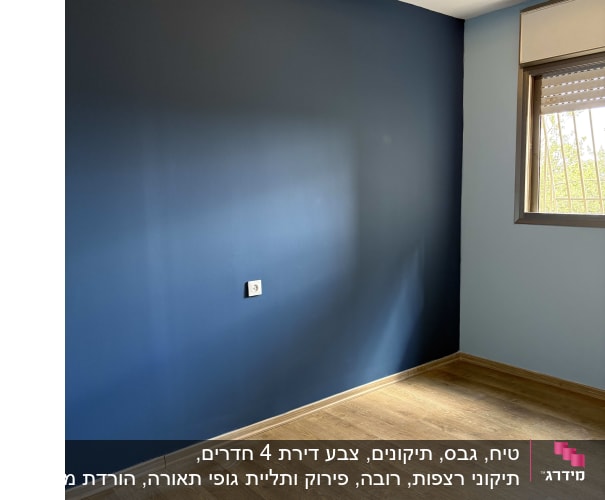 קיר צבוע בכחול כהה עם רצפת עץ